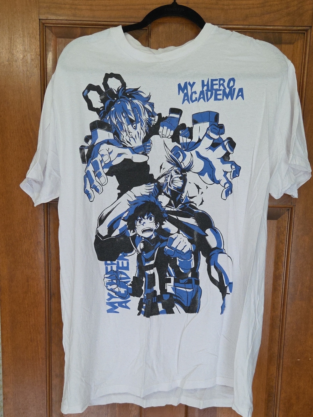 White Graphic Tee - Blue & Black Anime Print